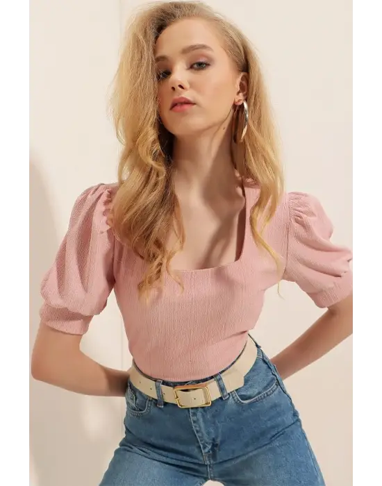 0409 Kare Yaka Örme Bluz - Pudra