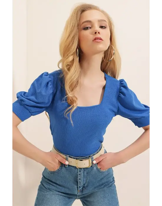 0409 Kare Yaka Örme Bluz - Saks