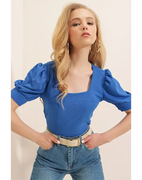 0409 Kare Yaka Örme Bluz - Saks