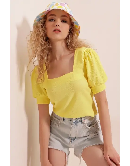 0409 Kare Yaka Örme Bluz - Sarı