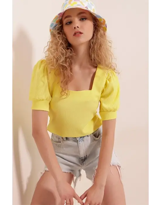 0409 Kare Yaka Örme Bluz - Sarı
