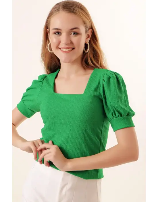 0409 Kare Yaka Örme Bluz - Yeşil