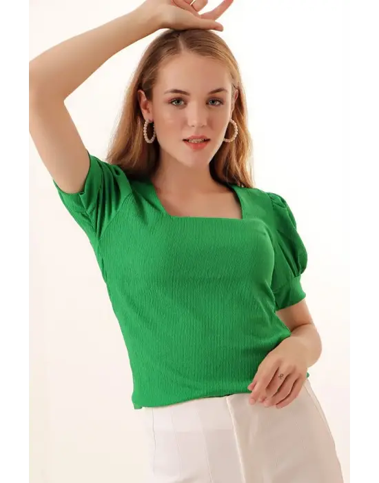 0409 Kare Yaka Örme Bluz - Yeşil