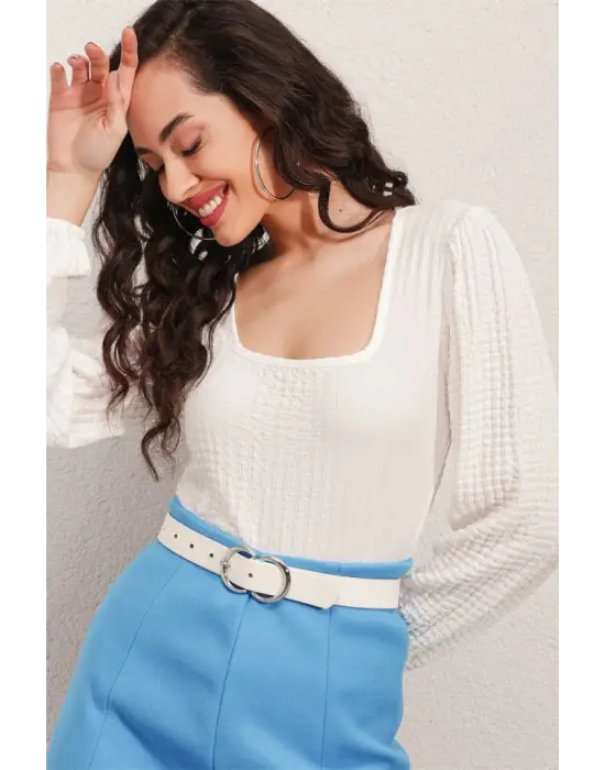 0442 Uzun Kollu Bluz - Beyaz