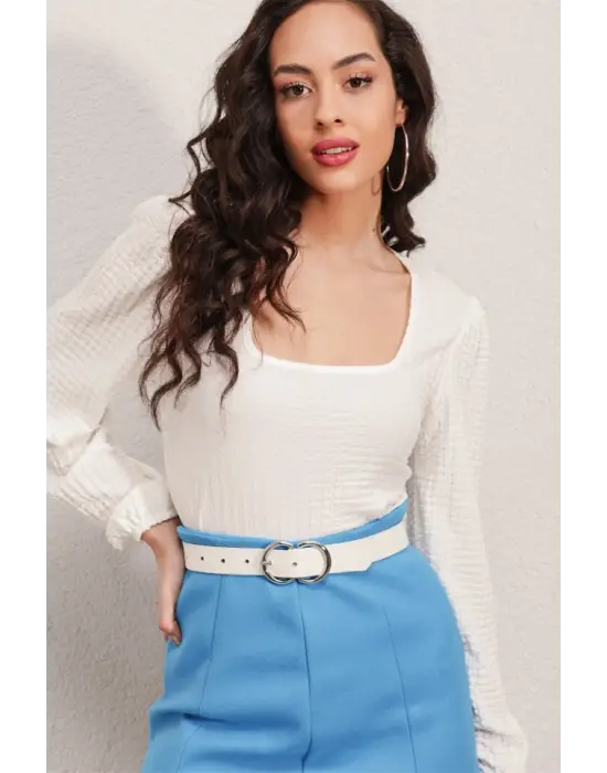 0442 Uzun Kollu Bluz - Beyaz