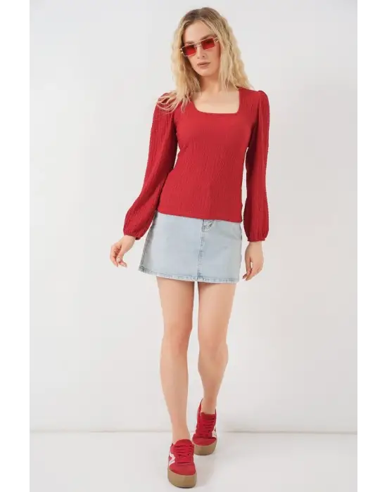 0442 Uzun Kollu Bluz - Kırmızı