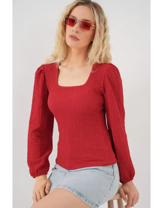 0442 Uzun Kollu Bluz - Kırmızı