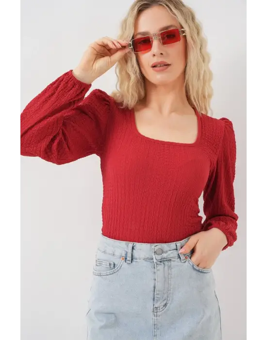 0442 Uzun Kollu Bluz - Kırmızı
