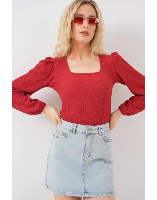 0442 Uzun Kollu Bluz - Kırmızı