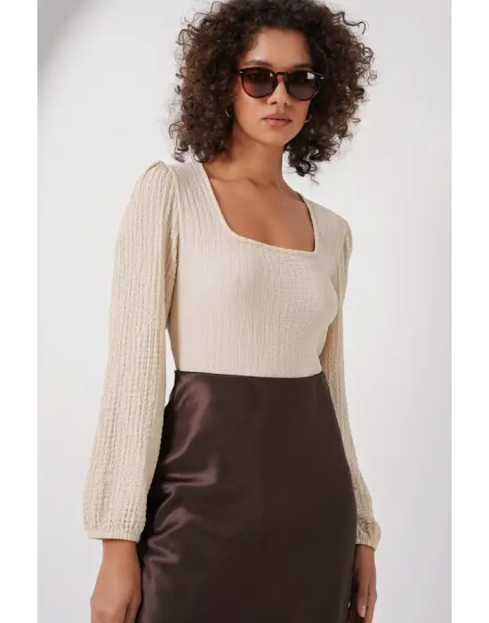 0442 Uzun Kollu Bluz - Krem