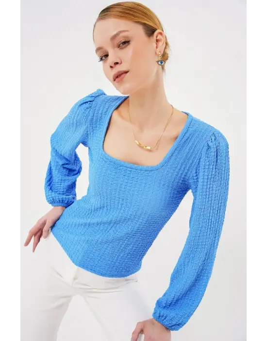 0442 Uzun Kollu Bluz - Saks