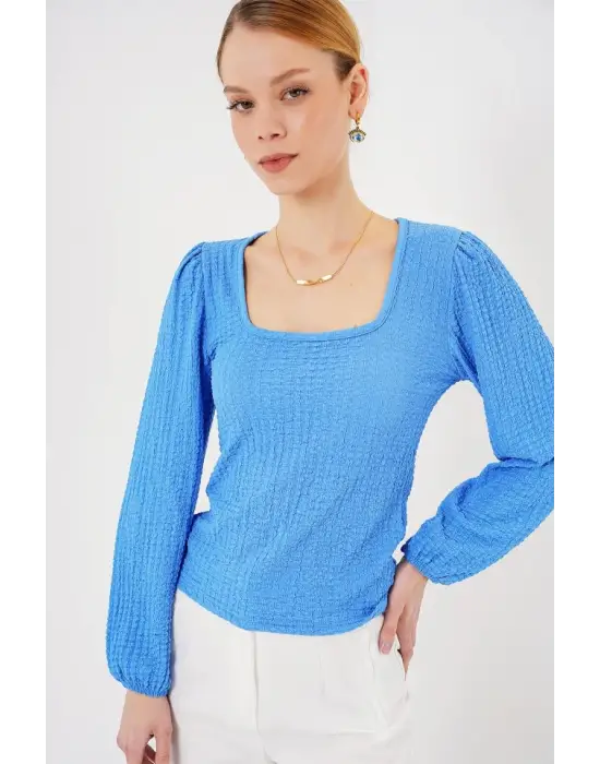 0442 Uzun Kollu Bluz - Saks