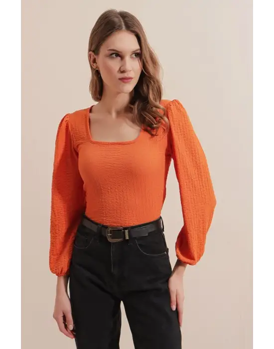 0442 Uzun Kollu Bluz - Turuncu