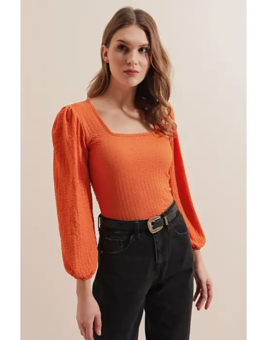 0442 Uzun Kollu Bluz - Turuncu