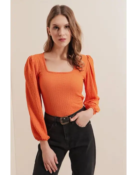 0442 Uzun Kollu Bluz - Turuncu
