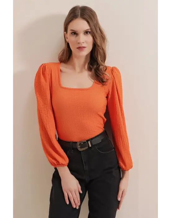 0442 Uzun Kollu Bluz - Turuncu
