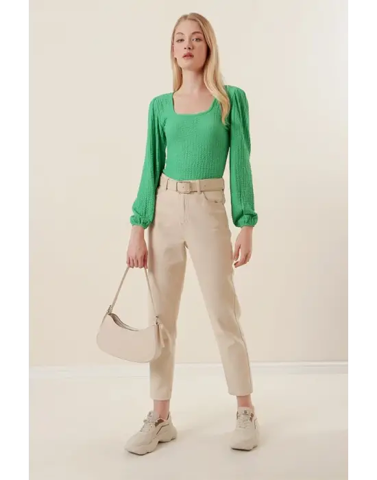 0442 Uzun Kollu Bluz - Yeşil
