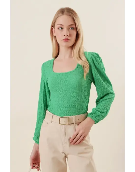 0442 Uzun Kollu Bluz - Yeşil