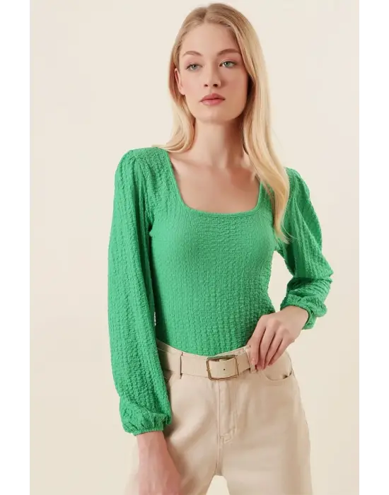 0442 Uzun Kollu Bluz - Yeşil