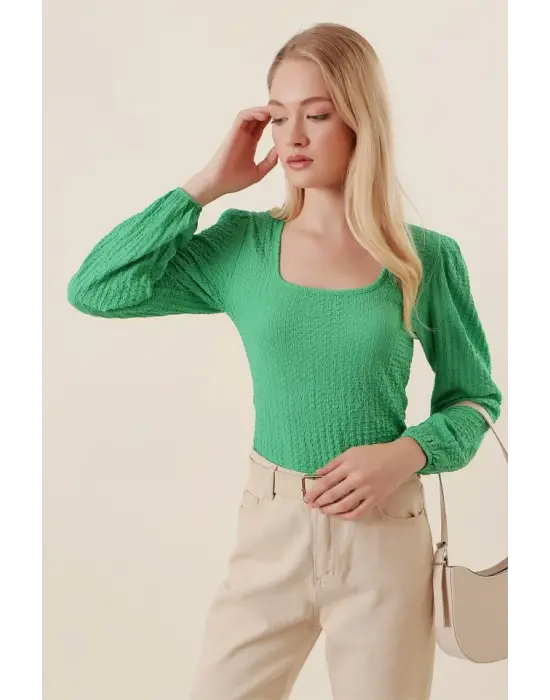 0442 Uzun Kollu Bluz - Yeşil