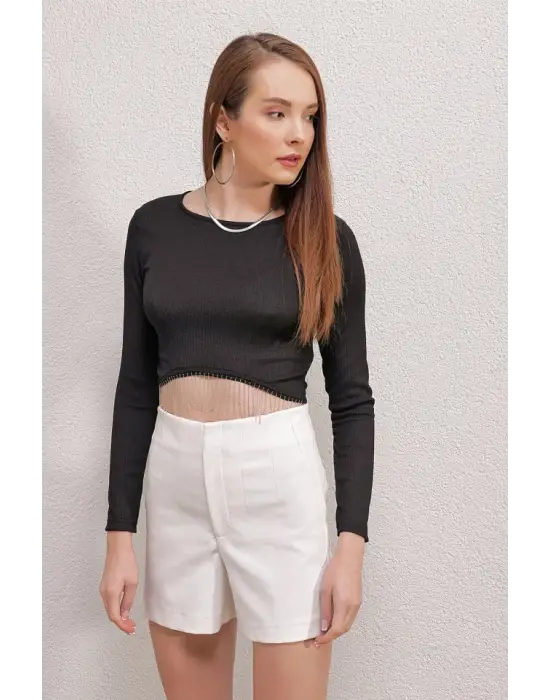 0444 Crop Zincirli Bluz - D. Siyah