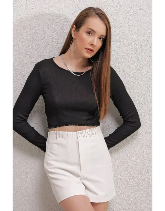 0444 Crop Zincirli Bluz - D. Siyah