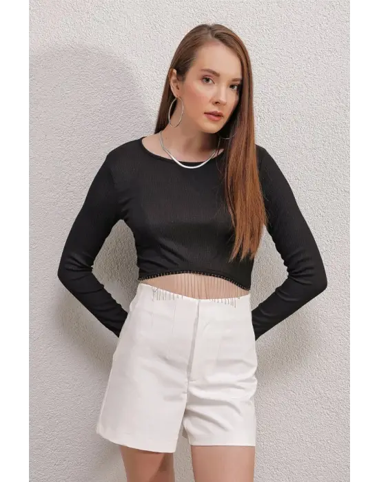 0444 Crop Zincirli Bluz - D. Siyah