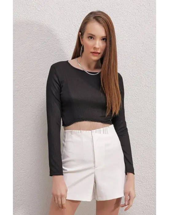 0444 Crop Zincirli Bluz - D. Siyah