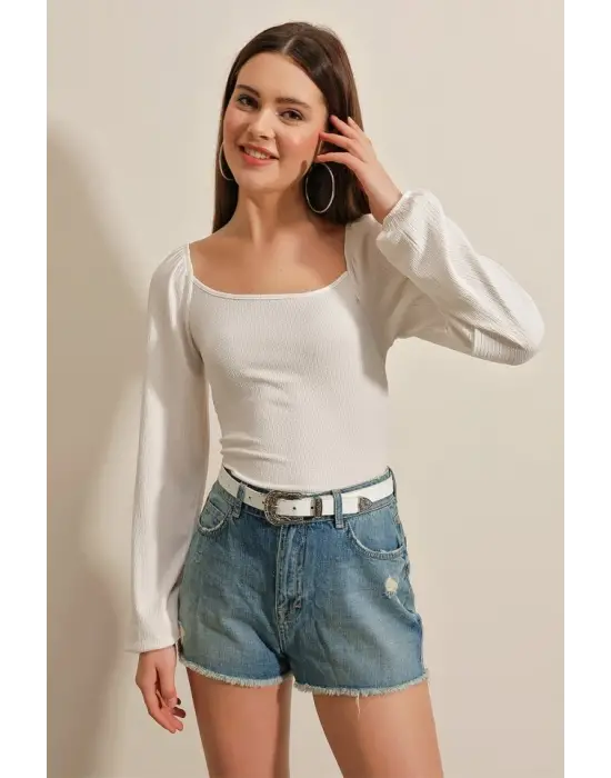 0465 Balon Kollu Örme Bluz - Beyaz