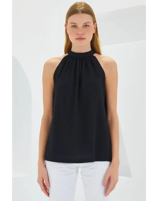 0489 Halter Yaka Örme Bluz - Siyah
