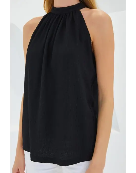 0489 Halter Yaka Örme Bluz - Siyah