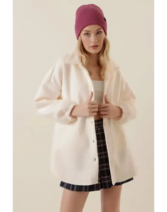 Modern Yün Karışımlı Buklet Ceket - Krem