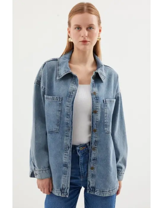 0694 Çift Cepli Oversize Denim Ceket - Buz Mavi