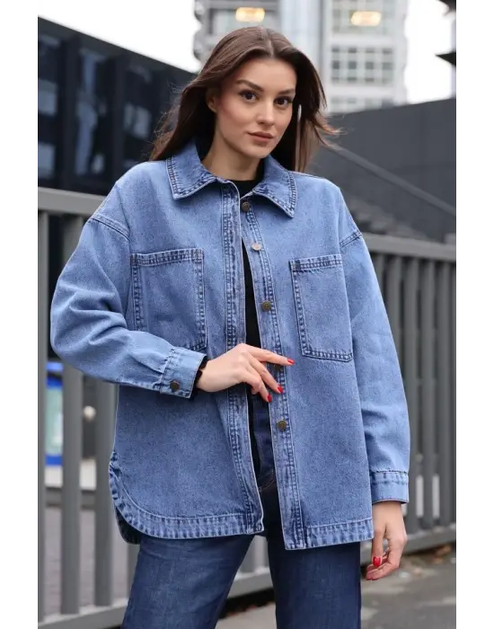 0694 Çift Cepli Oversize Denim Ceket - Lacivert
