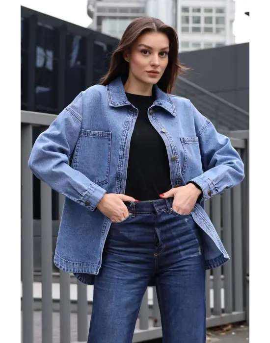0694 Çift Cepli Oversize Denim Ceket - Lacivert