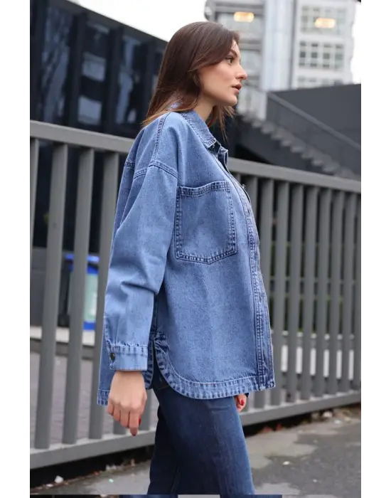 0694 Çift Cepli Oversize Denim Ceket - Lacivert