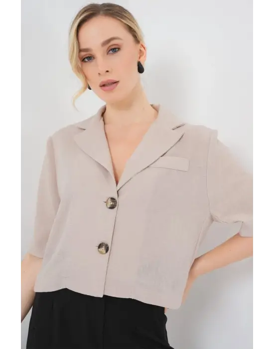 0706 Crop Keten Ceket - Bej