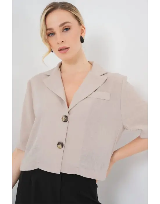 0706 Crop Keten Ceket - Bej