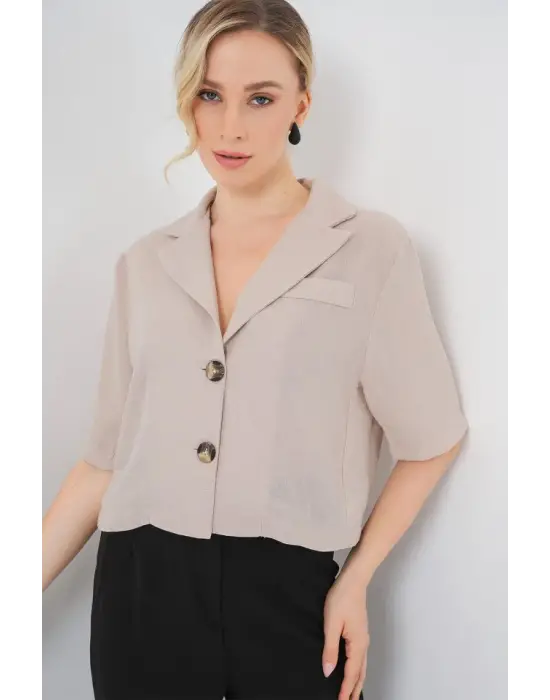 0706 Crop Keten Ceket - Bej