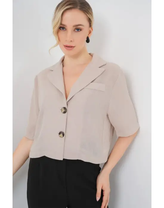 0706 Crop Keten Ceket - Bej