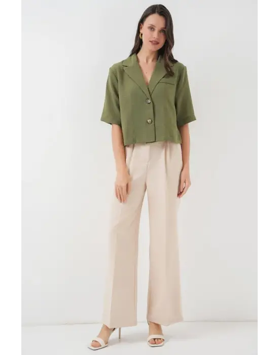 0706 Crop Keten Ceket - Haki