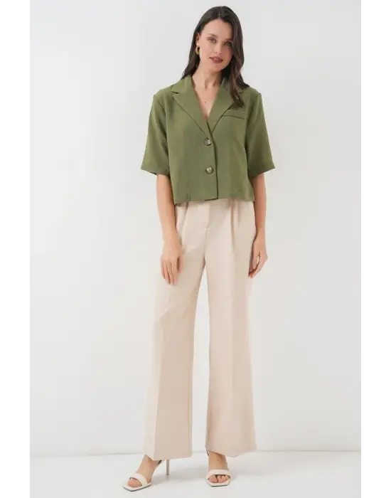 0706 Crop Keten Ceket - Haki