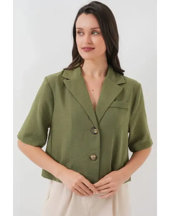 0706 Crop Keten Ceket - Haki