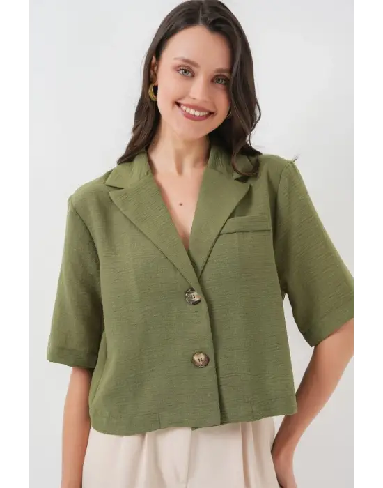 0706 Crop Keten Ceket - Haki