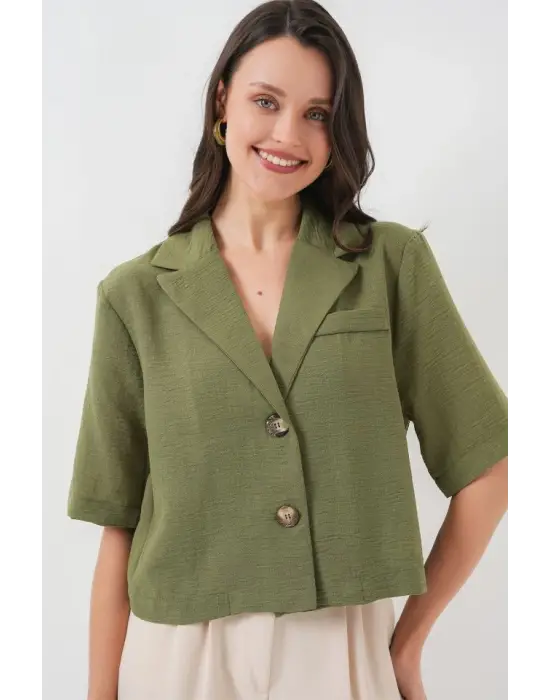 0706 Crop Keten Ceket - Haki