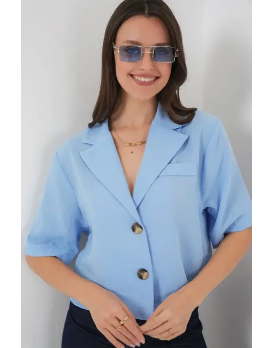 0706 Crop Keten Ceket - Mavi