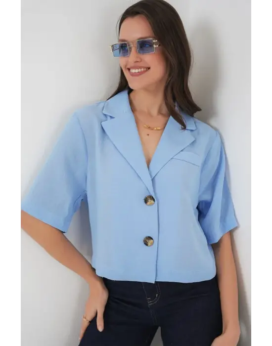 0706 Crop Keten Ceket - Mavi