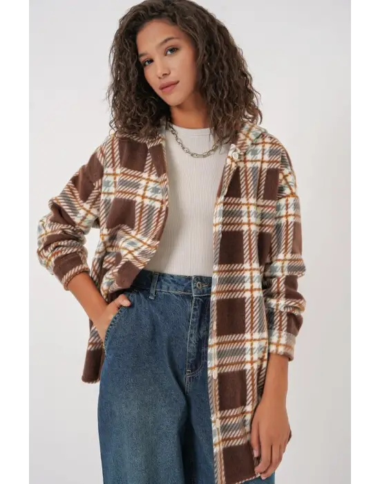 0710 Kapüşonlu Oversize Gömlek - C. Kahverengi