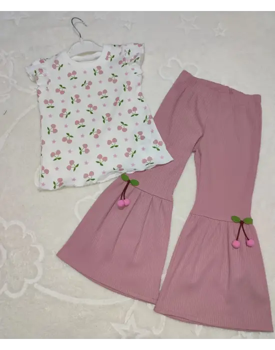 1-2-3-4 Yaş Kiraz Baskılı Tişört İspanyol Paçalı Likralı 2li Kız Çocuk Takımı Gül Kurusu