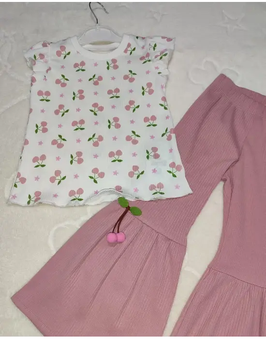 1-2-3-4 Yaş Kiraz Baskılı Tişört İspanyol Paçalı Likralı 2li Kız Çocuk Takımı Gül Kurusu